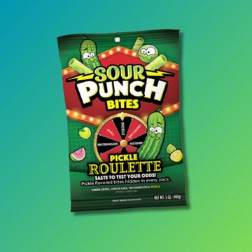 Sour Punch Bites Pickle Roulette savanyú gyümölcsös és uborka ízű gumicukor 142g