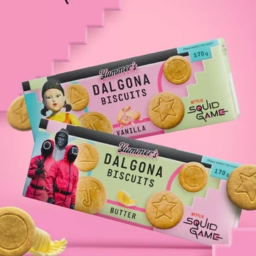 Squid Game Dalgona vajas és vaníliás keksz 2x140g + ajándék süti forma + egy meglepetés!