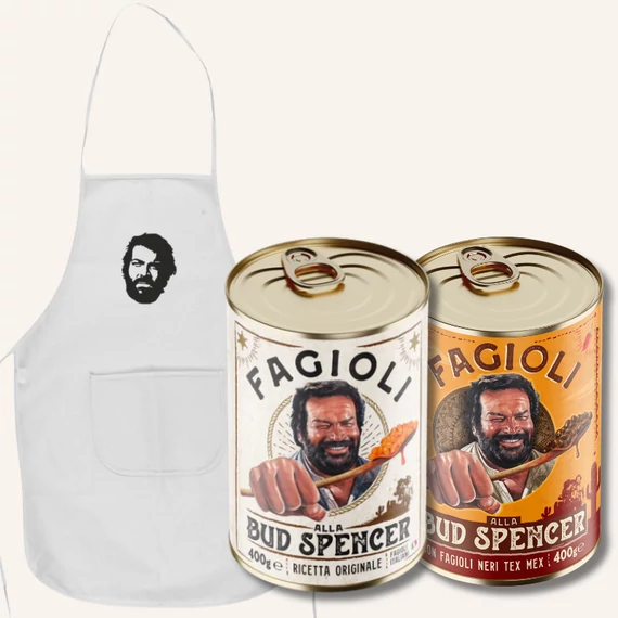 Bud Spencer csomag - szalonnás-hagymás bab és TexMex mexikói bab Bud Spencer konyhai köténnyel 2x400g
