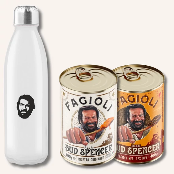Bud Spencer csomag - szalonnás-hagymás bab és TexMex mexikói bab Bud Spencer üveg kulaccsal 2x400g