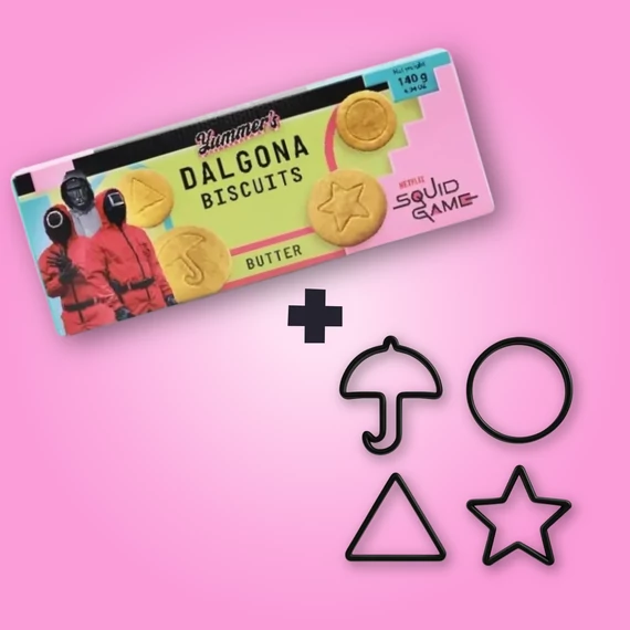 Squid Game Dalgona vajas keksz ajándék sütiforma szettel (4db) 140g 