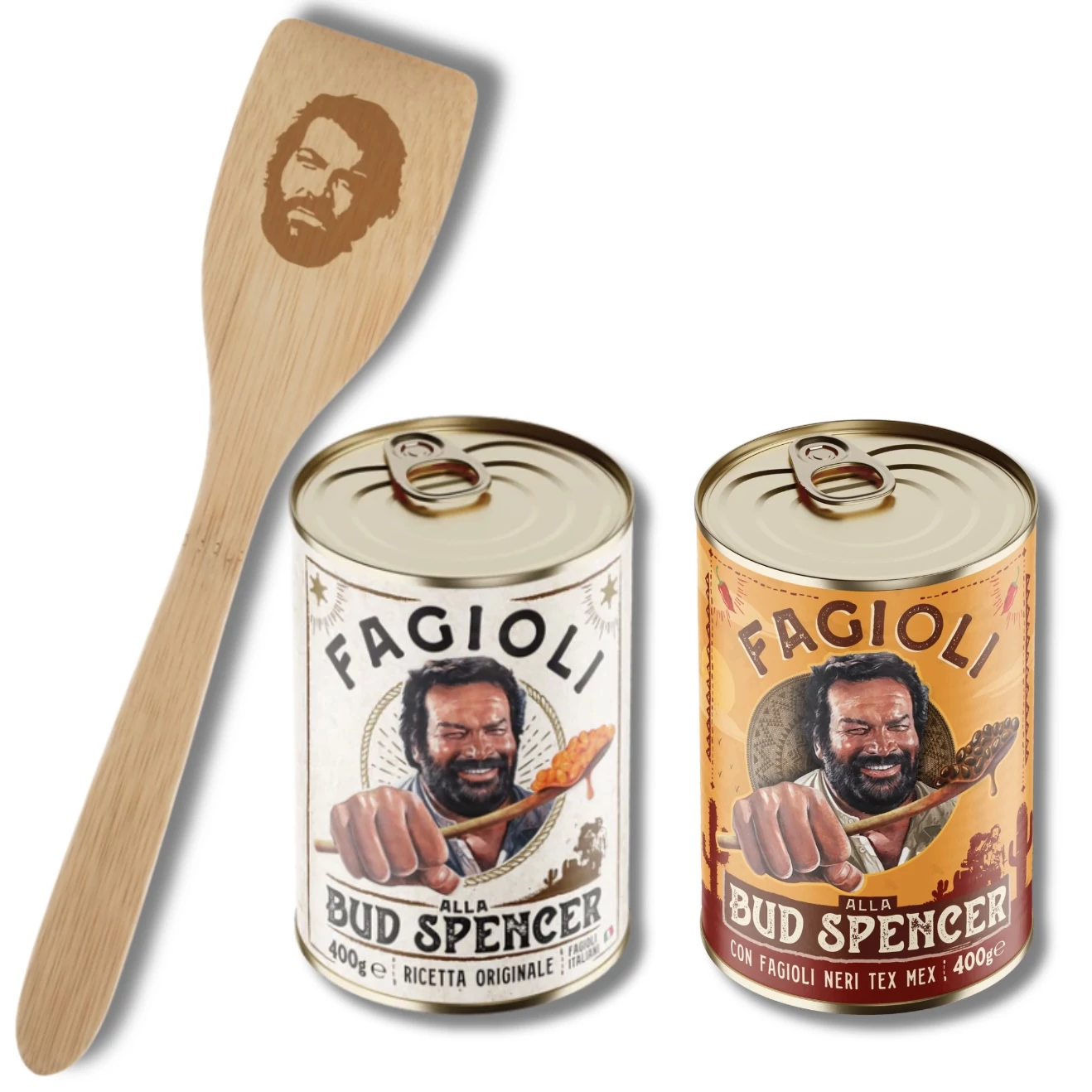 Bud Spence csomag - szalonnás-hagymás bab és TexMex mexikói bab Bud Spencer fakanállal 2x400g