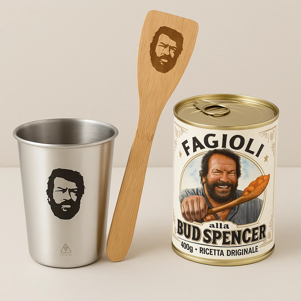 Bud Spencer hagymás bab eredeti olasz prémium ajándékcsomag fakanállal és rozsdamentes acél pohárral 400g