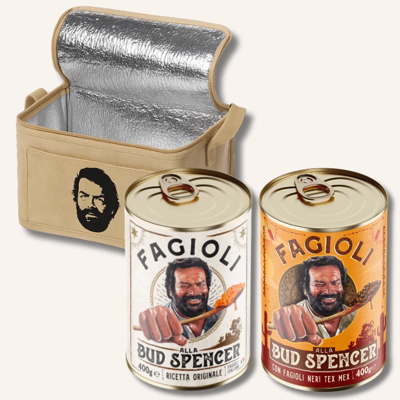 Bud Spencer csomag - szalonnás-hagymás bab és TexMex mexikói bab Bud Spencer hűtőtáskával 2x400g