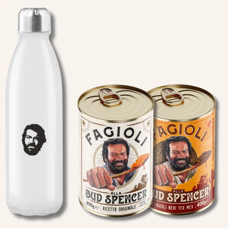 Bud Spencer csomag - szalonnás-hagymás bab és TexMex mexikói bab Bud Spencer üveg kulaccsal 2x400g