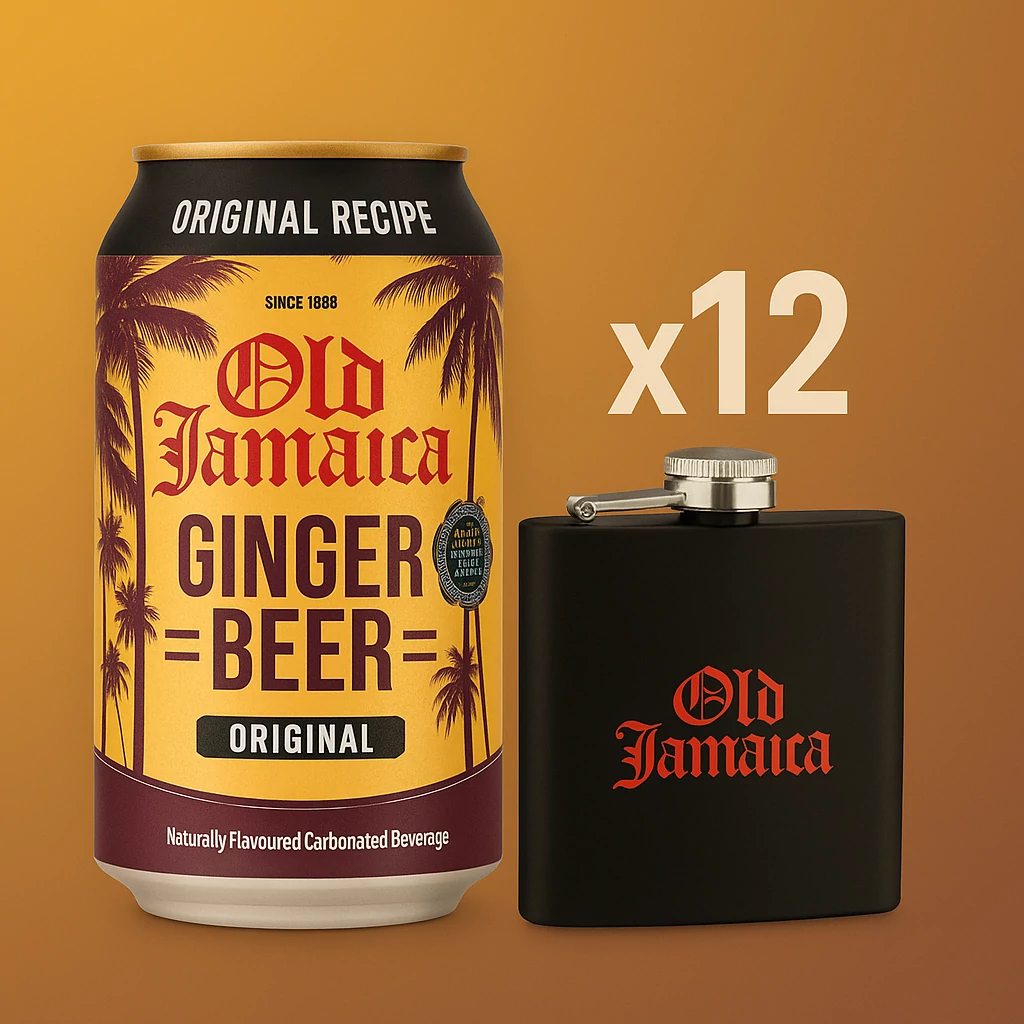 Old Jamaica Original gyömbérsör flaska csomag - 1 db acél flaska + 12x330ml Old Jamaica gyömbérsör