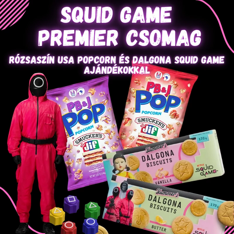 Squid Game premier popcorn csomag (USA Popcorn, ajándék: 2 doboz dalgona keksz, 1 db gonggi, 1 db titkos ajándék)