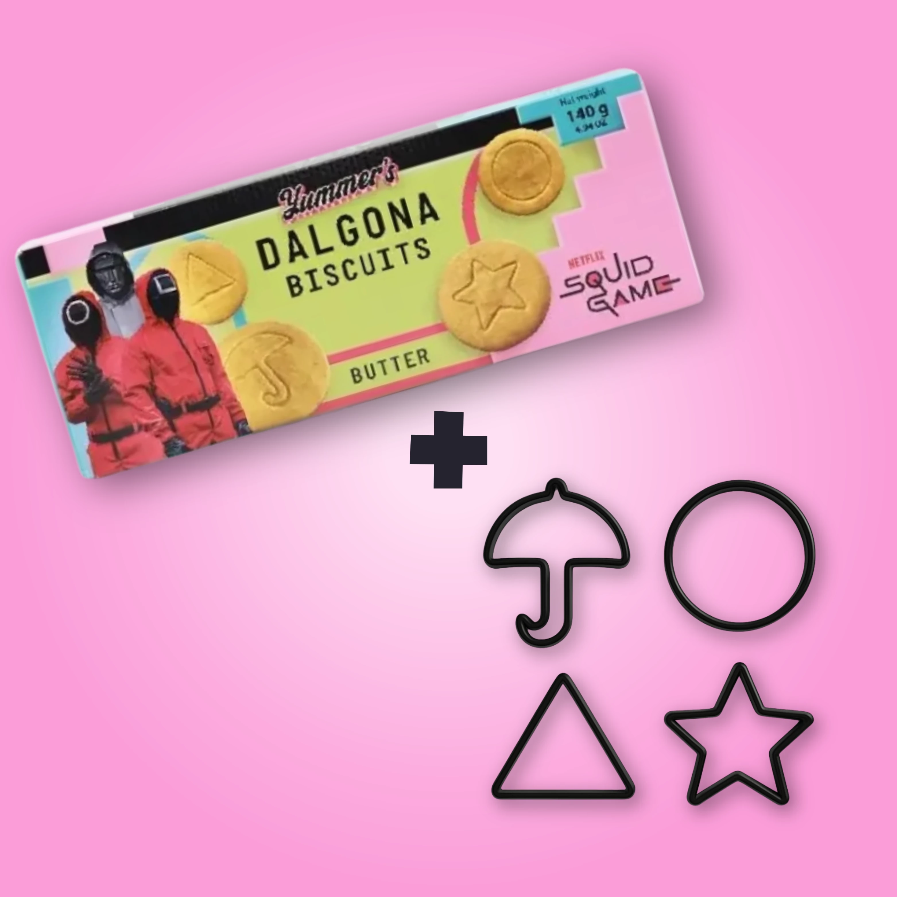 Squid Game Dalgona vajas keksz ajándék sütiforma szettel (4db) 140g 