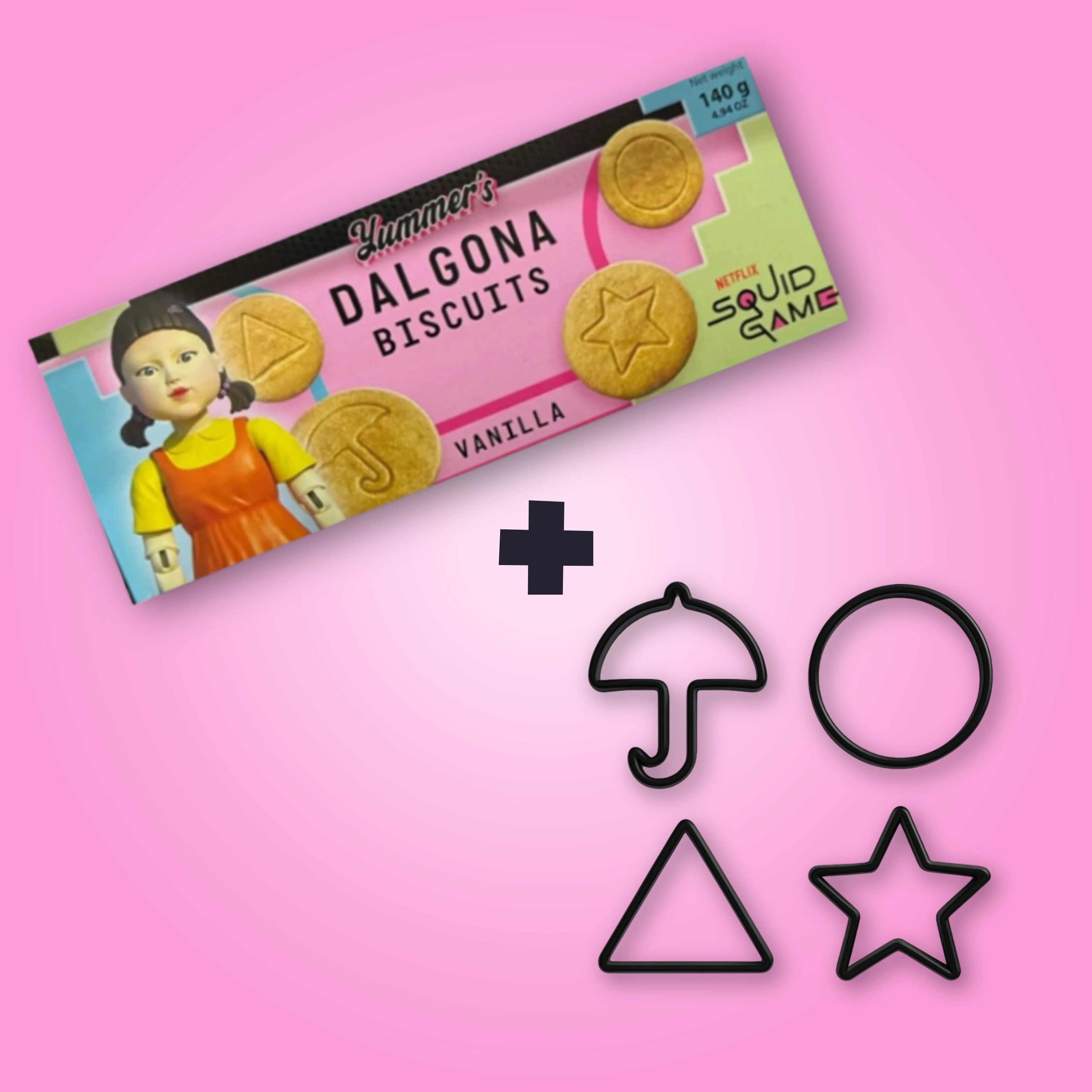 Squid Game Dalgona vaníliás keksz ajándék sütiforma szettel (4db) 140g 