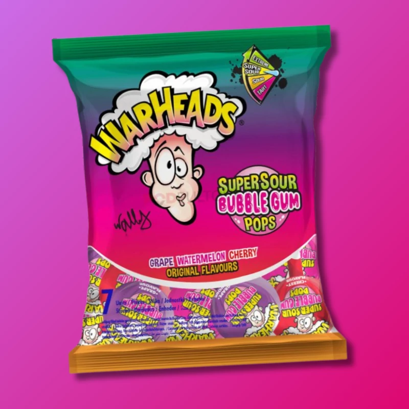 Warheads Super Sour Bubble Gum amerikai extra savanyú gyümölcsös nyalóka válogatás rágóval 105g